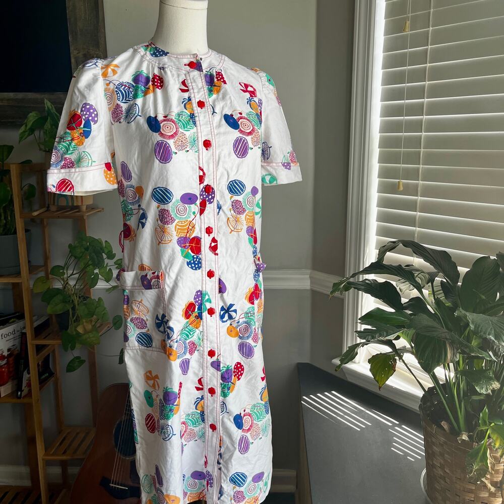 Vintage 70s Button Front Dress White Abstract Circles Retro Picnic Size Small